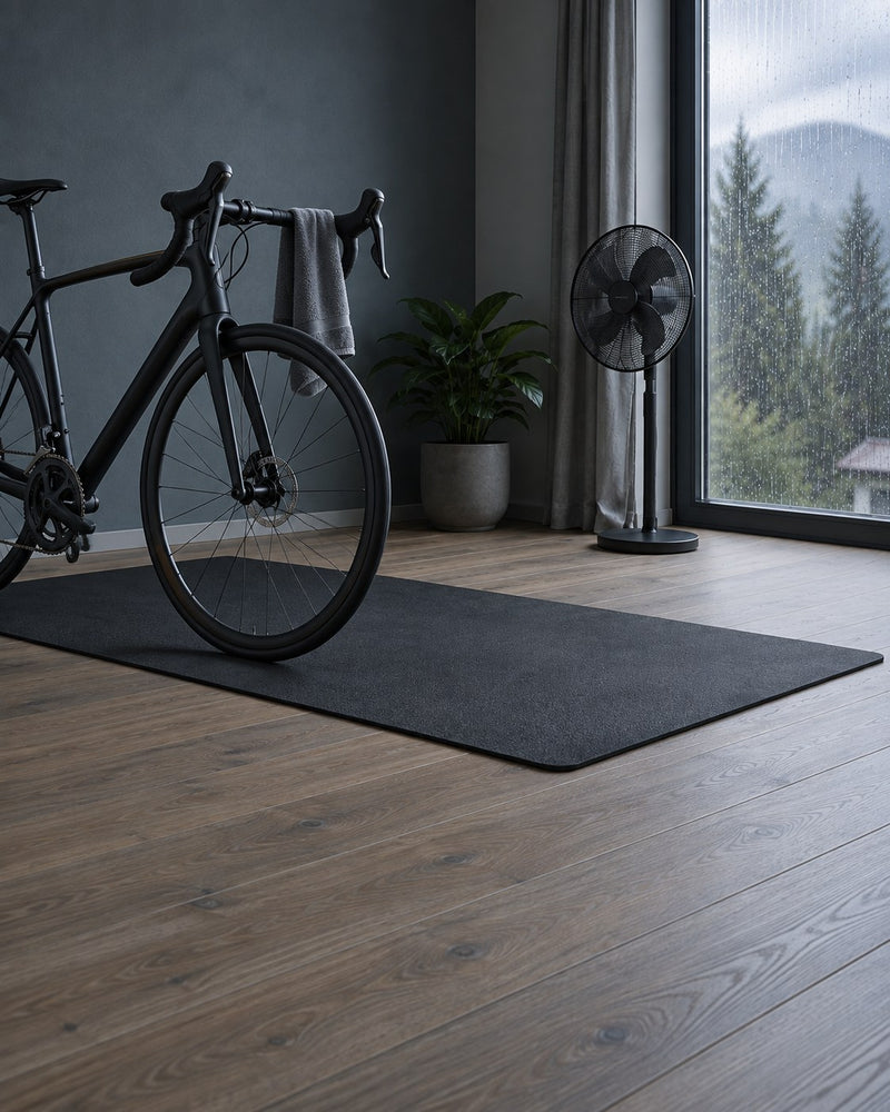 Ein markenloses Rennrad steht auf einer dunklen Matte in einem Zimmer, daneben ein Standventilator, am Fenster läuft Regen herunter.