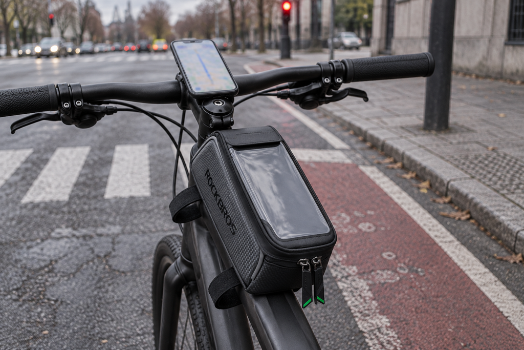 Oberrohrtasche – lose auf dem Fahrrad vor einer roten Ampel