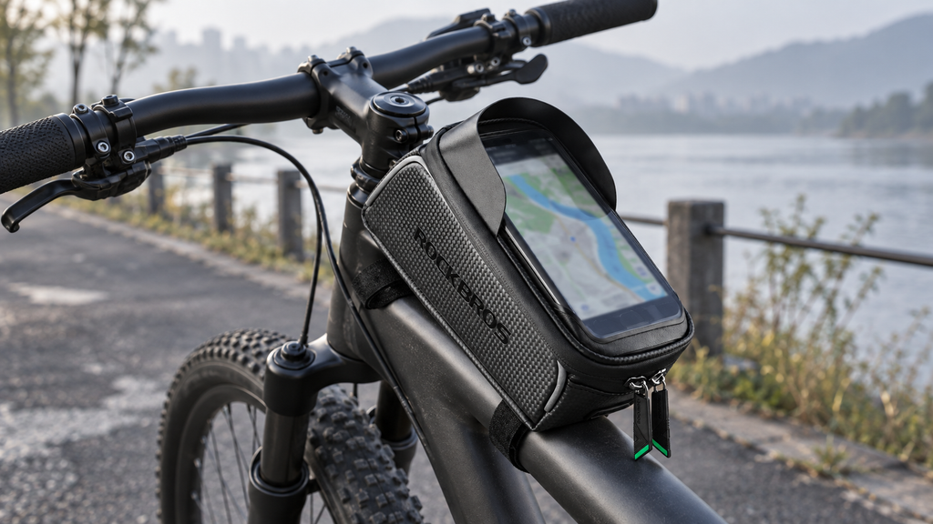 Oberrohrtasche – am Fahrrad am nebligen Flussufer