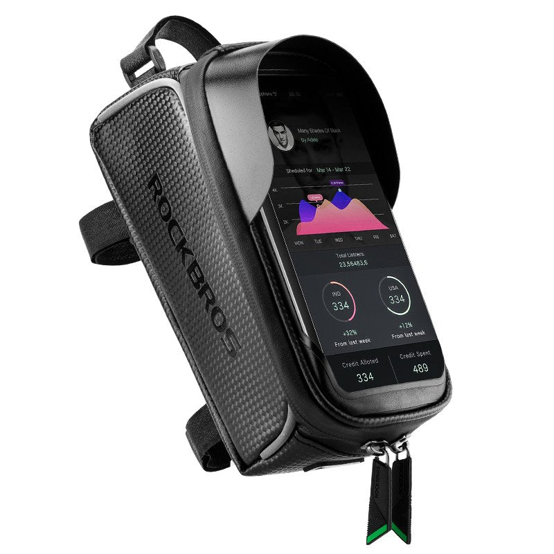 Die geöffnete Oberrohrtasche 017-1BK, Windschutzklappe hochgestellt, Smartphone im Touchscreen-Fenster.