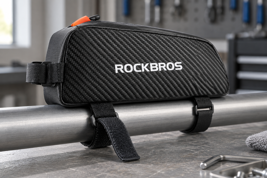 Oberrohrtasche 1 L – Klettband halb geöffnet um ein Aluminiumrohr auf der Werkbank