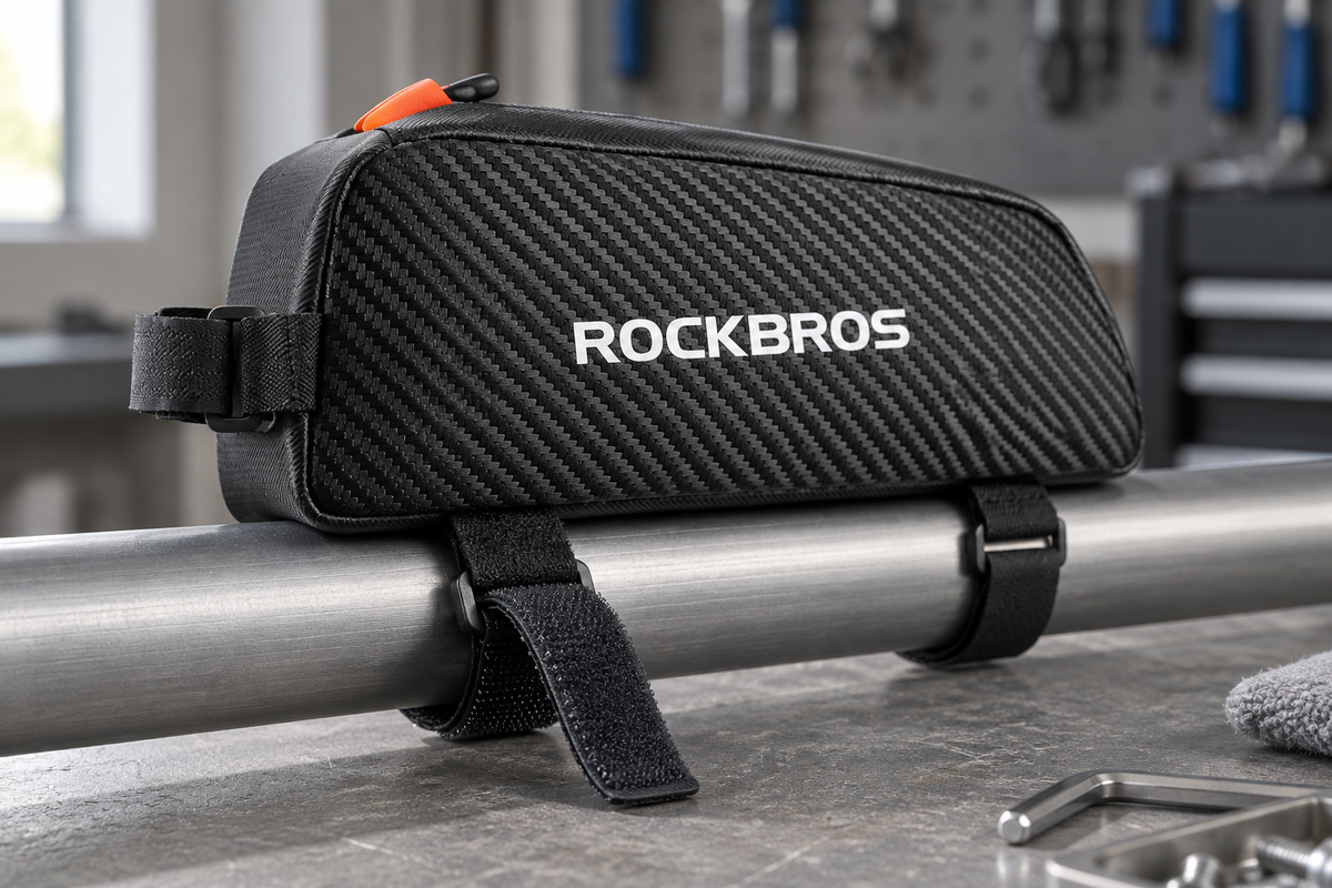 Oberrohrtasche 1 L – Klettband halb geöffnet um ein Aluminiumrohr auf der Werkbank