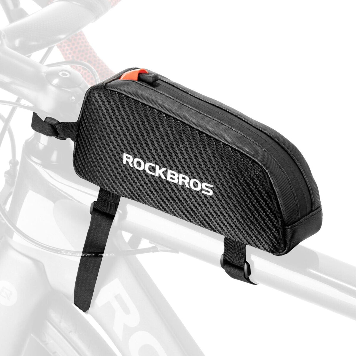 Die schwarze ROCKBROS Oberrohrtasche 039BK freigestellt von schräg vorn.