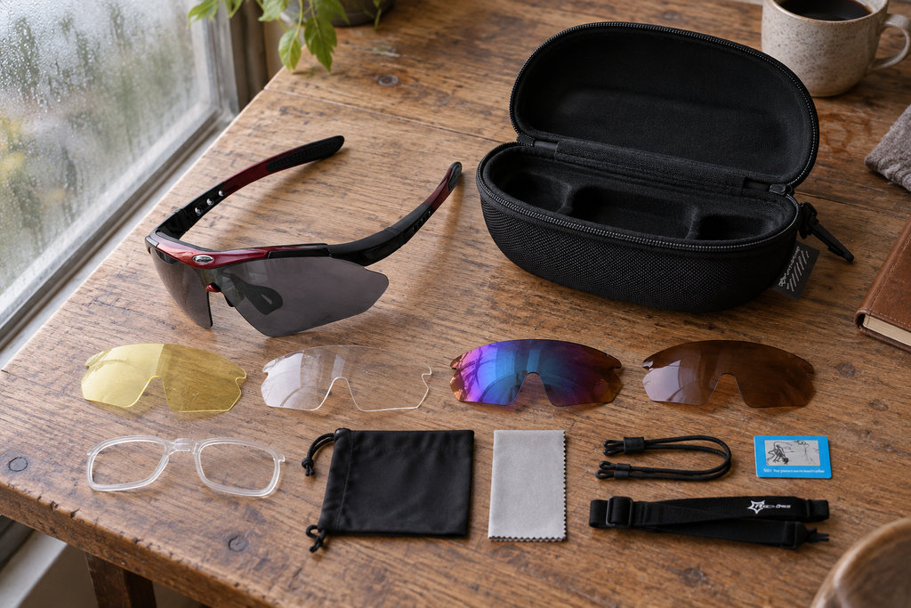 Fahrradbrille mit Wechselgläsern – mit Etui und Gläsern auf einem Holztisch
