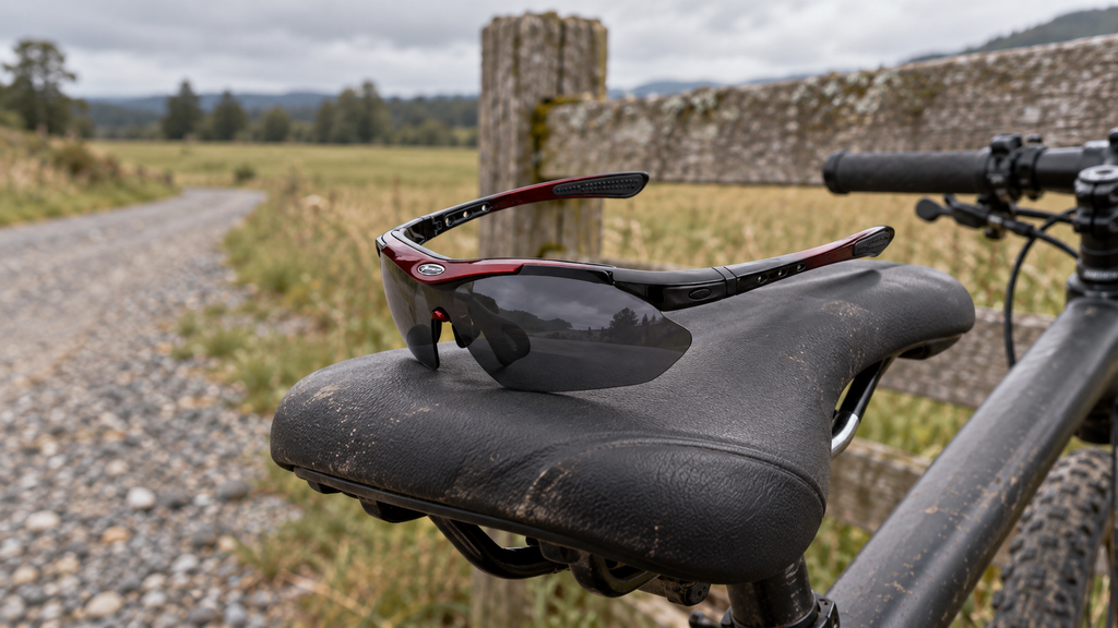 Fahrradbrille mit Wechselgläsern – auf dem Sattel an einem Schotterweg