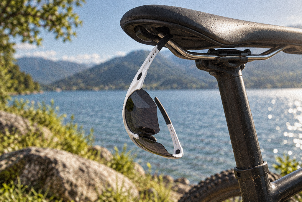 Sportbrille polarisiert UV-Schutz – am Sattel eines Fahrrads vor einem See