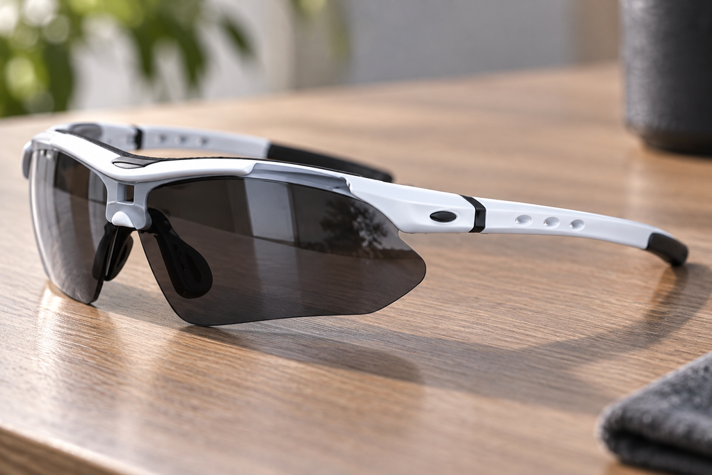 Sportbrille Weiß/Schwarz – Detail auf einem Holztisch