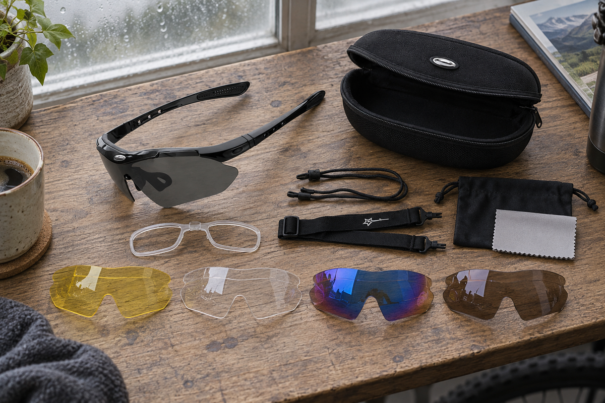Sportbrille mit fünf Wechselgläsern – schwarze Brille und vier Ersatzgläser auf einem Tisch am Fenster
