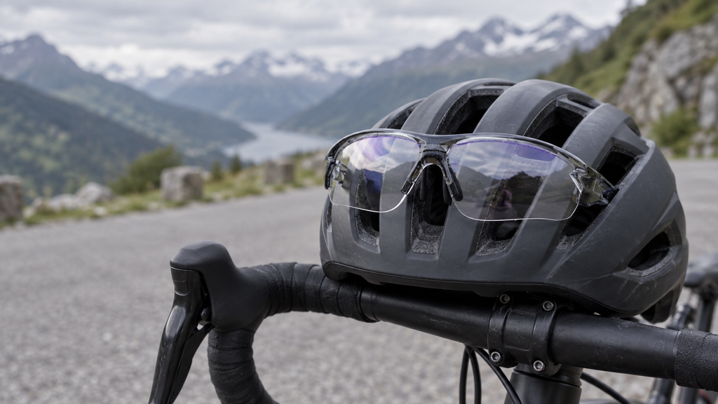 Selbsttönende Sportbrille – auf einem Helm am Lenker bei einer Tourpause