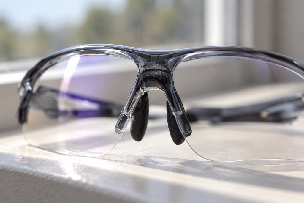 Sportbrille selbsttönend Grau – Detail der Nasenauflage auf einer Fensterbank