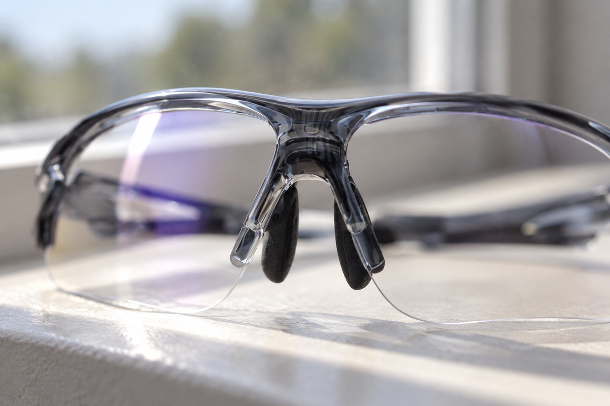 Sportbrille selbsttönend Grau – Detail der Nasenauflage auf einer Fensterbank