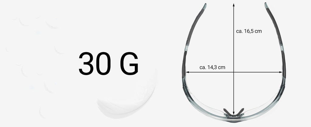 Die Brille freigestellt, Glas im aufgehellten Zustand, Rahmen und Nasenpads sichtbar.