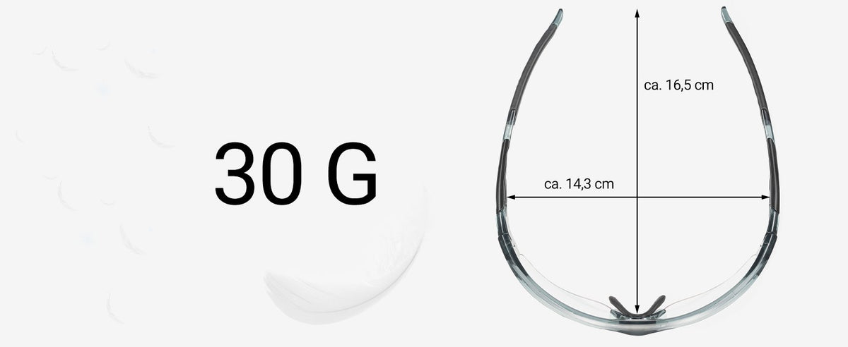 Die Brille freigestellt, Glas im aufgehellten Zustand, Rahmen und Nasenpads sichtbar.