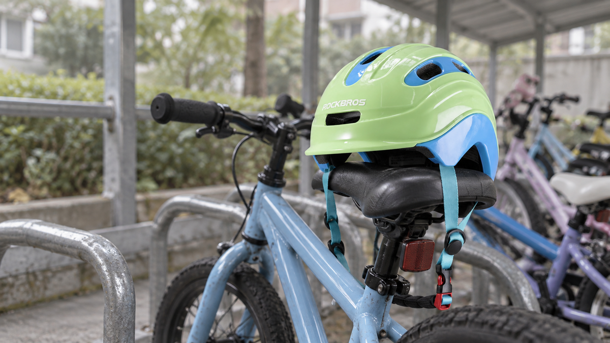 Kinderhelm Grün/Blau – auf dem Sattel eines abgestellten Fahrrads