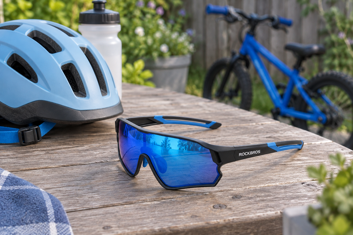 Kinder-Sportbrille Schwarz/Blau – neben Helm und Trinkflasche auf einem Gartentisch