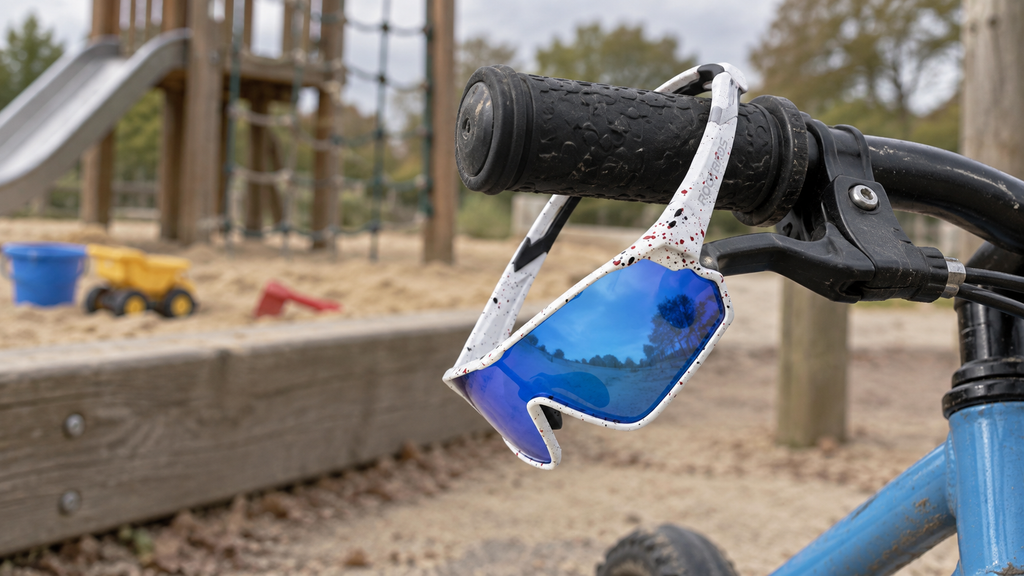 Kinder-Fahrradbrille – am Griff eines Fahrrads am Spielplatz