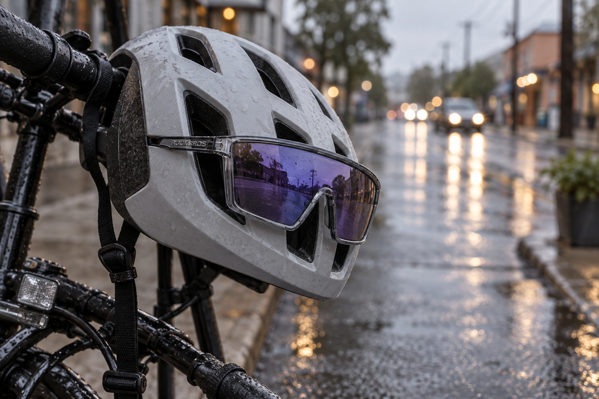 Fahrradbrille SP341 Grau – auf einem Helm an einer nassen Straße