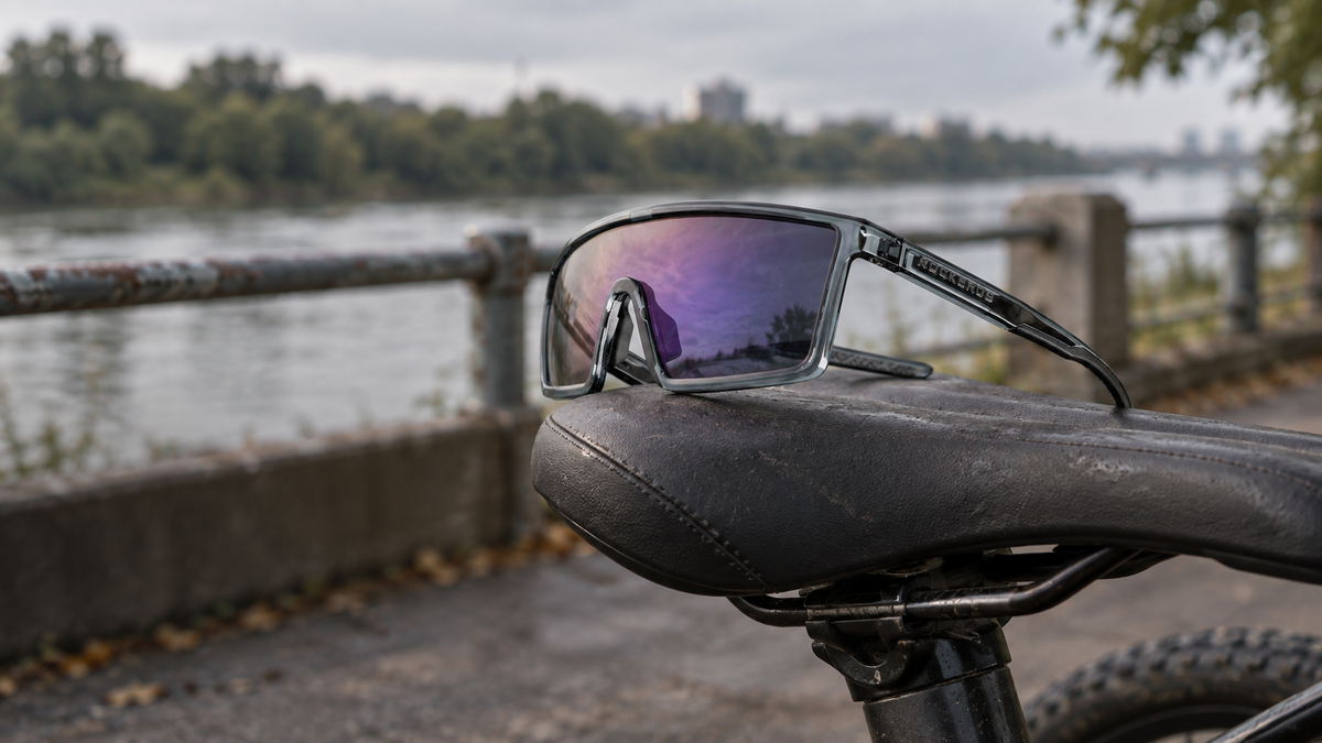 Fahrradbrille SP341 Grau – auf dem Fahrradsattel am Fluss