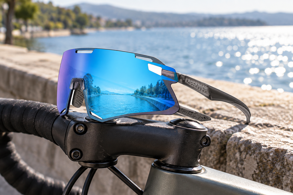 Fahrradbrille TR90 – auf dem Lenker an einer Ufermauer
