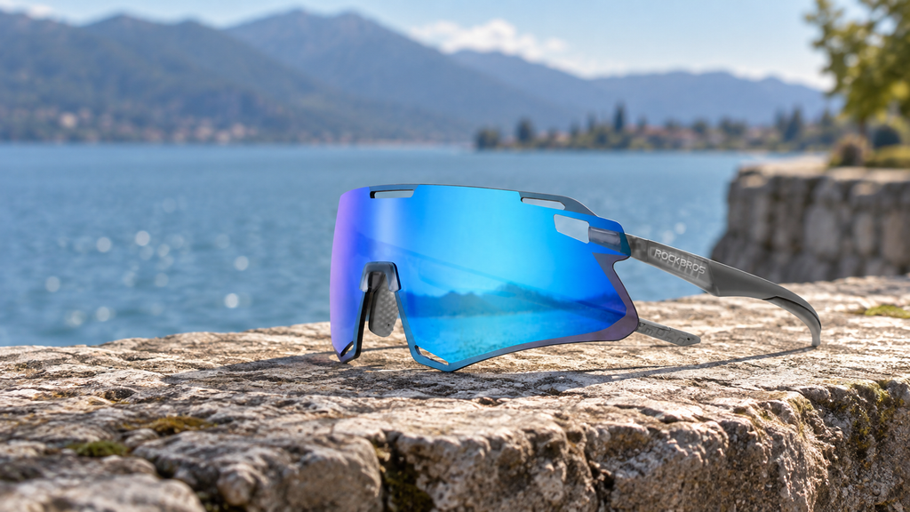 Fahrradbrille TR90 – auf einer Steinmauer vor dem See