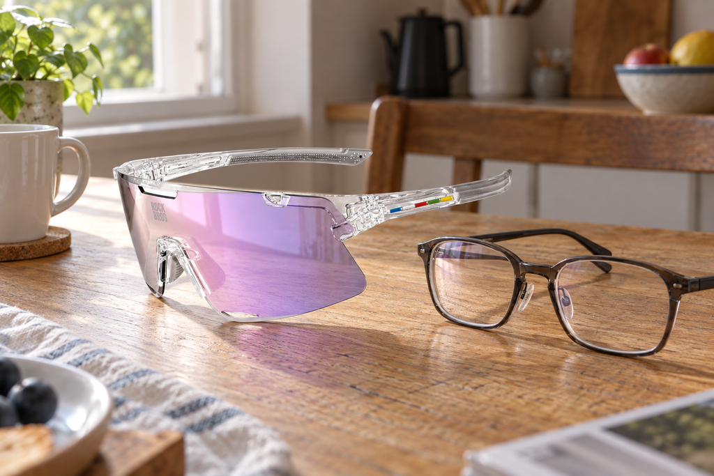 Road to Sky Überbrille – neben einer Korrekturbrille auf einem Tisch