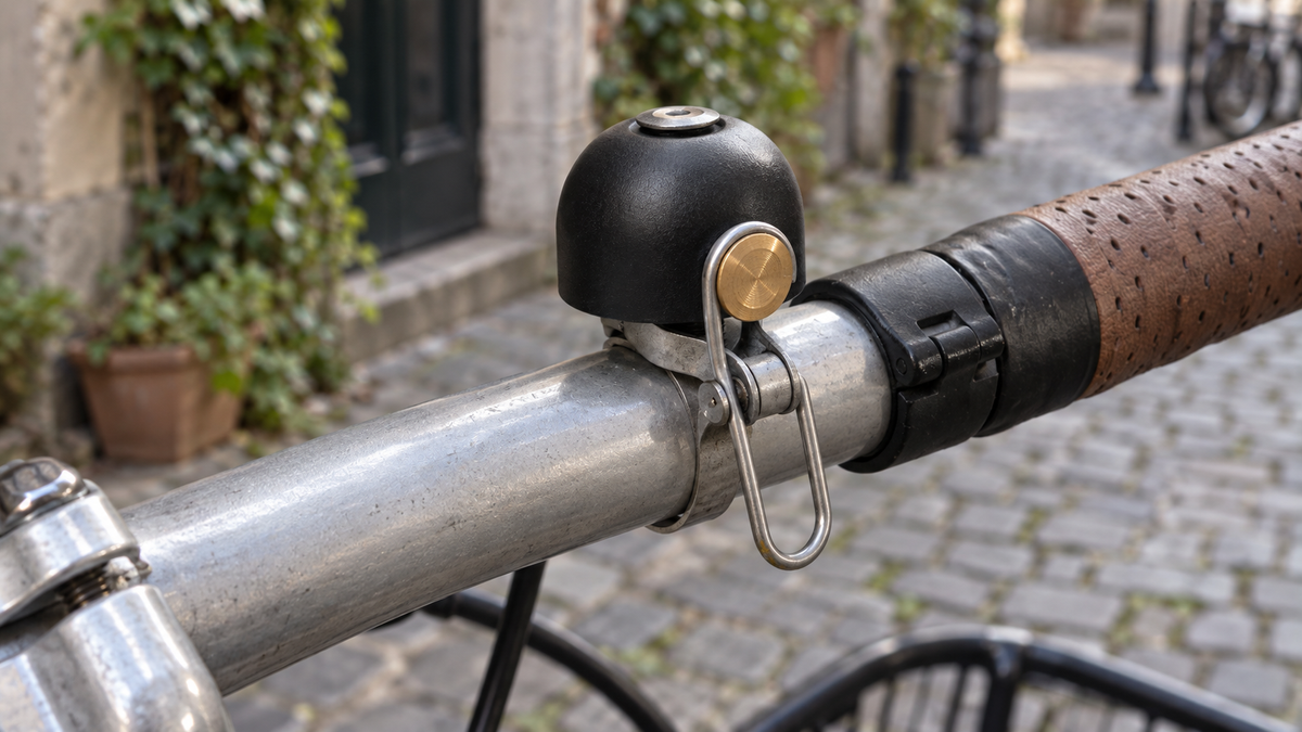 Retro-Fahrradklingel Schwarz – mit Metallband am Lenker in einer Kopfsteinpflastergasse