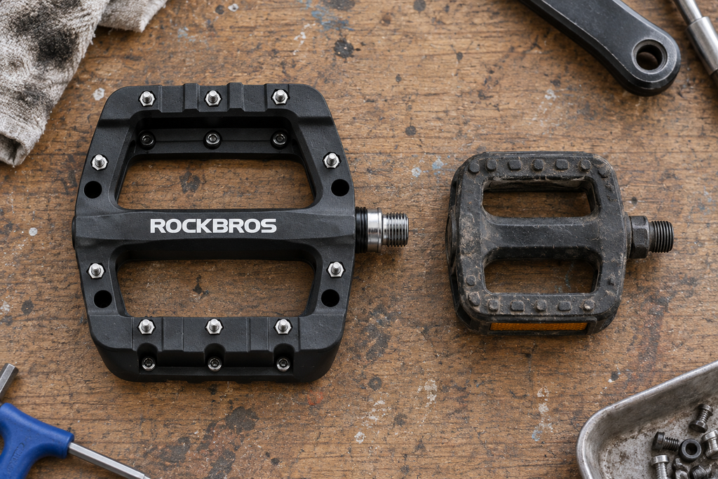 Plattformpedale Nylon – breites Pedal neben einem alten schmalen Pedal auf der Werkbank