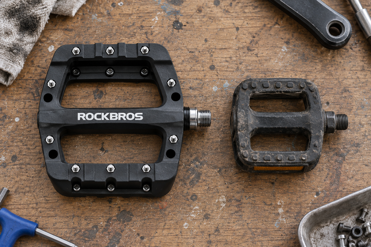 Plattformpedale Nylon – breites Pedal neben einem alten schmalen Pedal auf der Werkbank