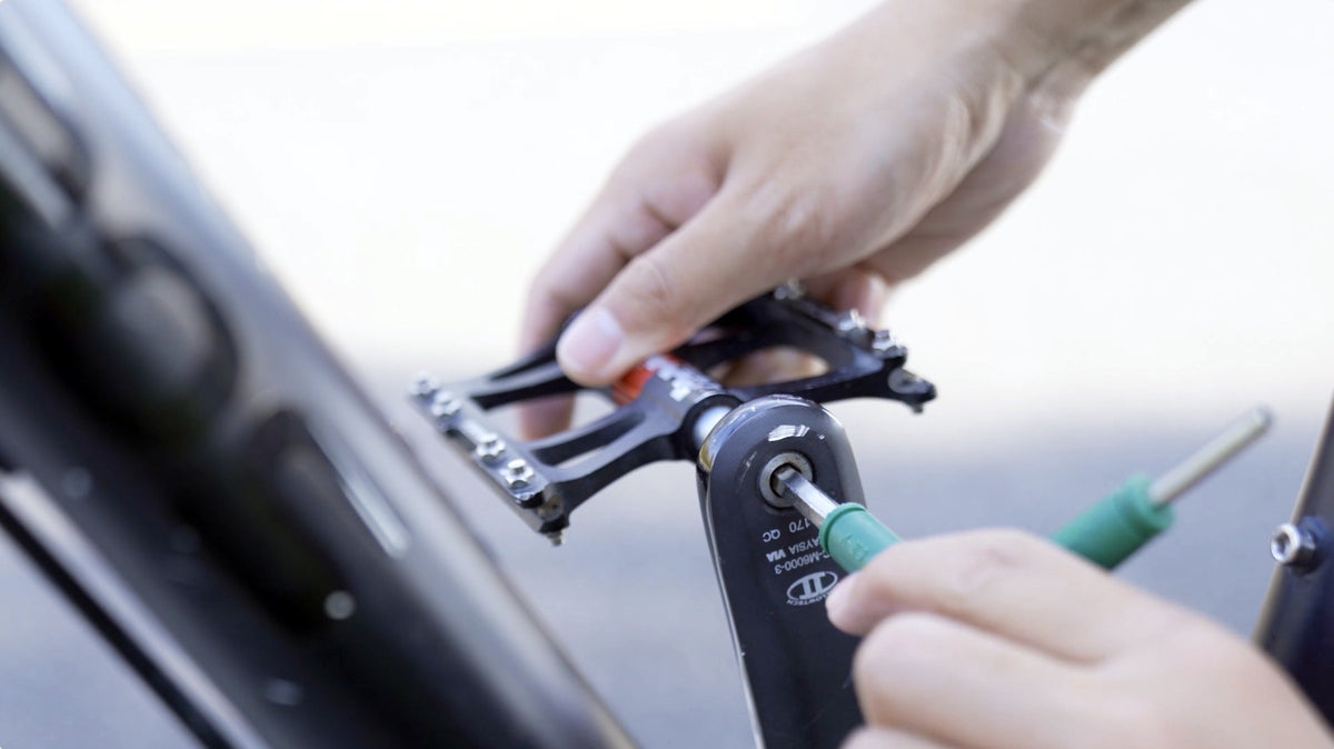 Eine Hand hält das Pedal, Größenverhältnis erkennbar.