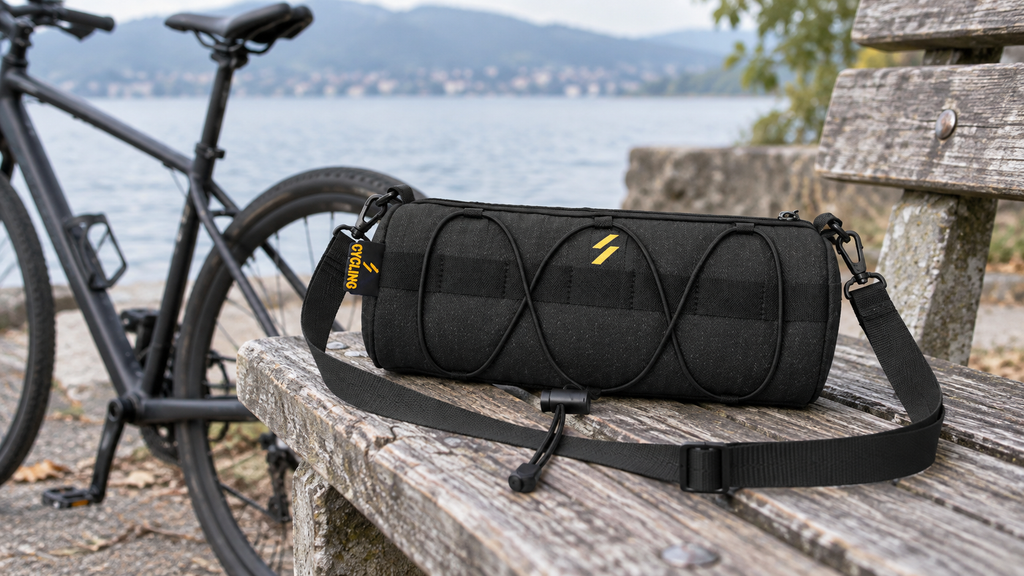 Lenkertasche 2,4 L – mit befestigtem Schultergurt auf einer Bank neben dem Fahrrad
