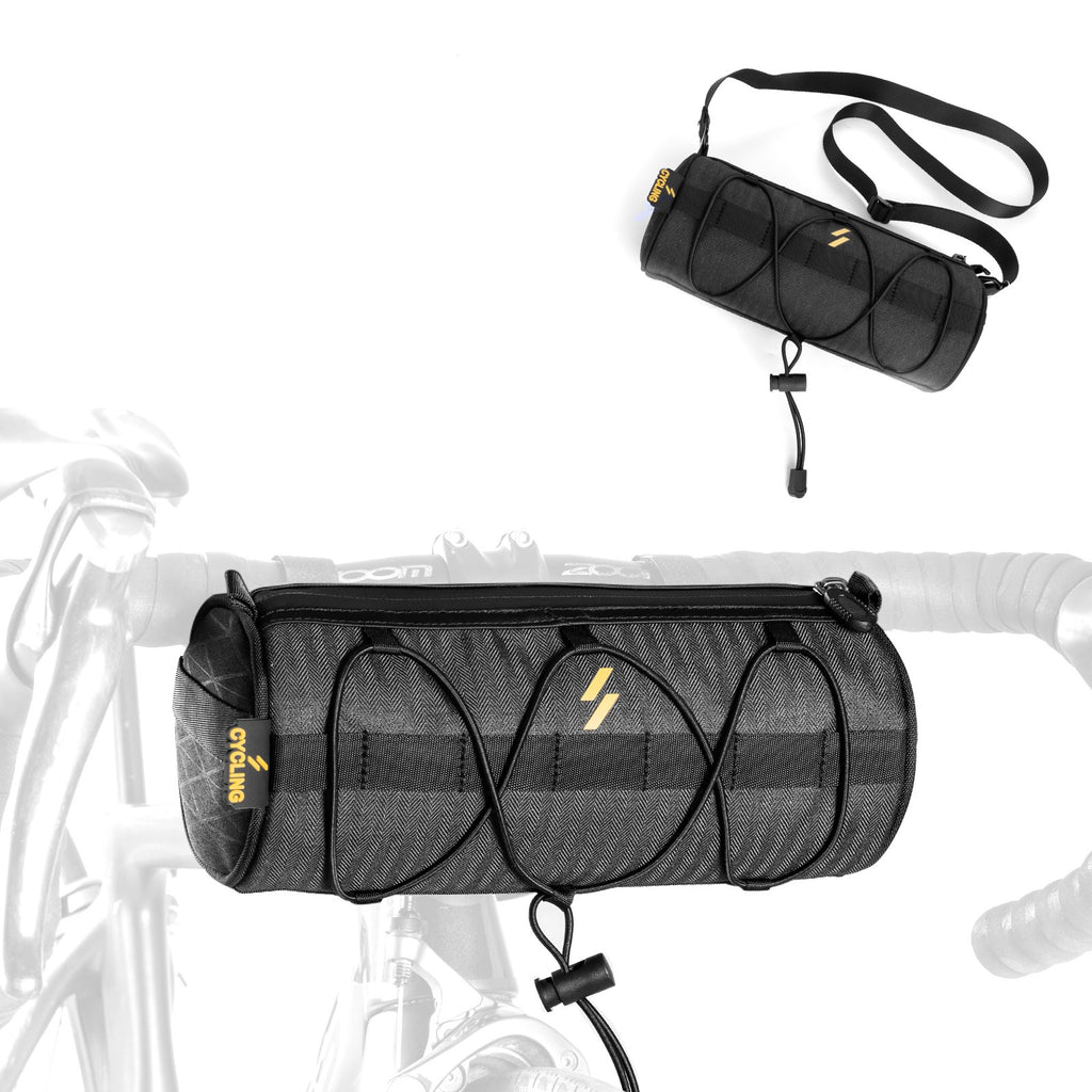 Die Lenkertasche am Lenker eines Rennrads montiert.