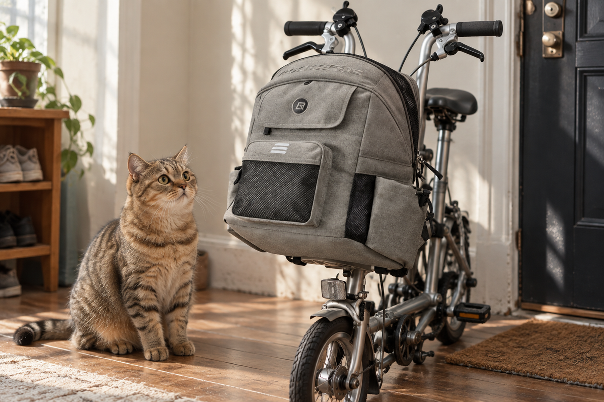 Brompton-Haustiertasche – am Fahrrad neben einer Katze im Zimmer