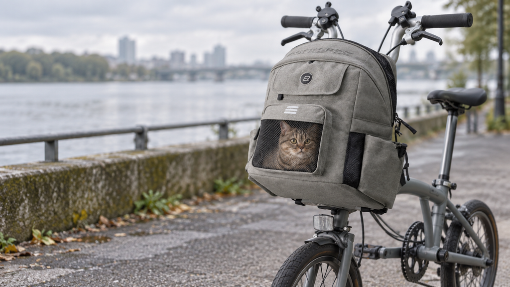 Brompton-Haustiertasche – mit einer Katze am Fahrrad am Ufer