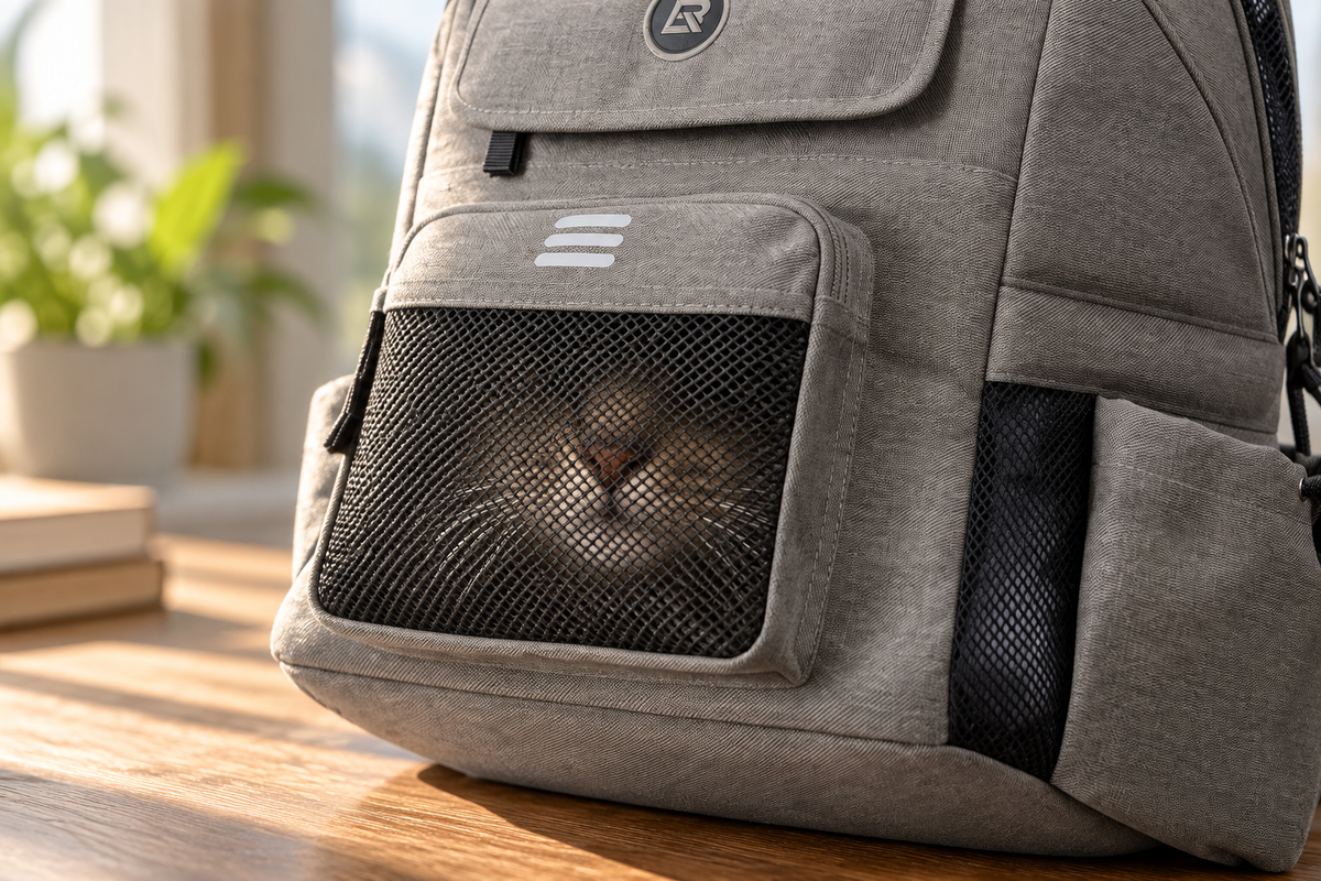 Brompton-Haustiertasche – Nahaufnahme des Netzes mit einer Katze dahinter