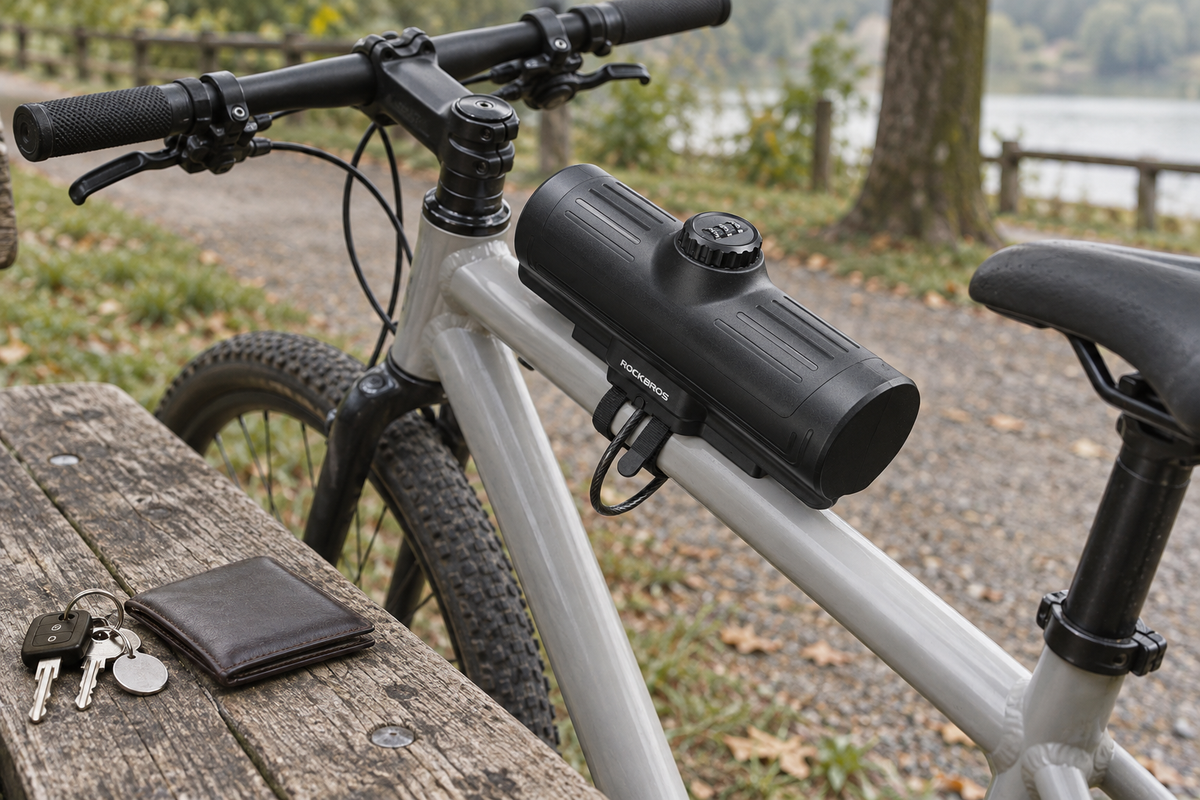 Oberrohrtasche mit Zahlenschloss – am Fahrrad neben Schlüsseln und Geldbörse