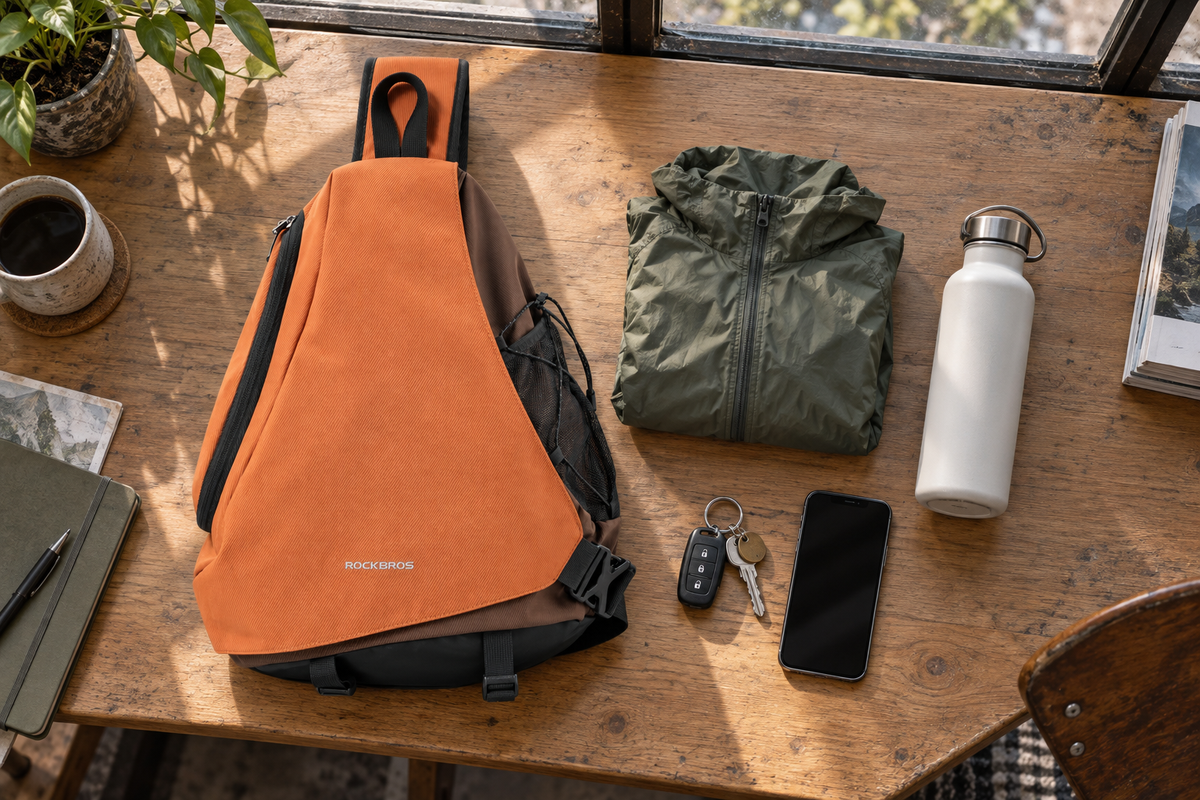 Sling Bag 11,5 L – neben Flasche, Telefon und Schlüsseln auf dem Tisch