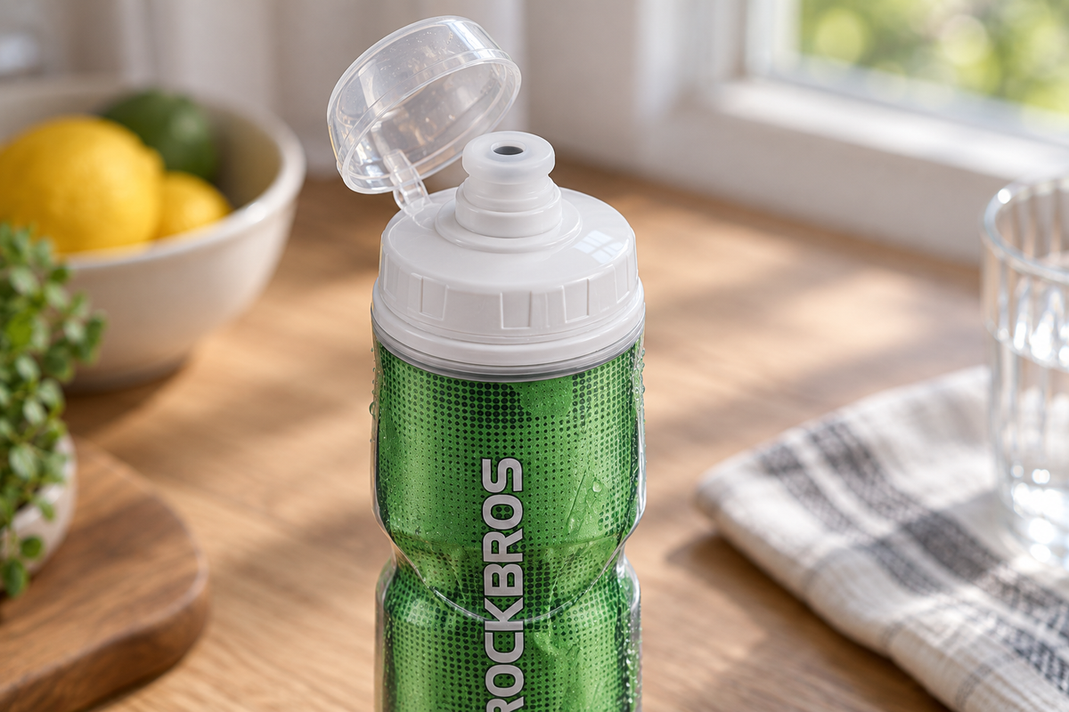 Trinkflasche 670 ml – mit geöffnetem Deckel auf der Küchenarbeitsplatte
