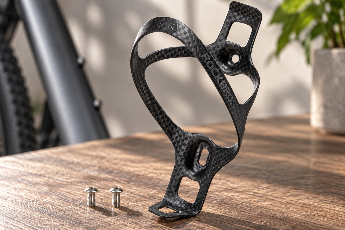 Flaschenhalter Carbon – mit zwei Schrauben auf einem Holztisch