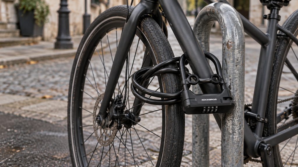 Bügelschloss mit Stahlkabel – an Vorderrad und Fahrradbügel
