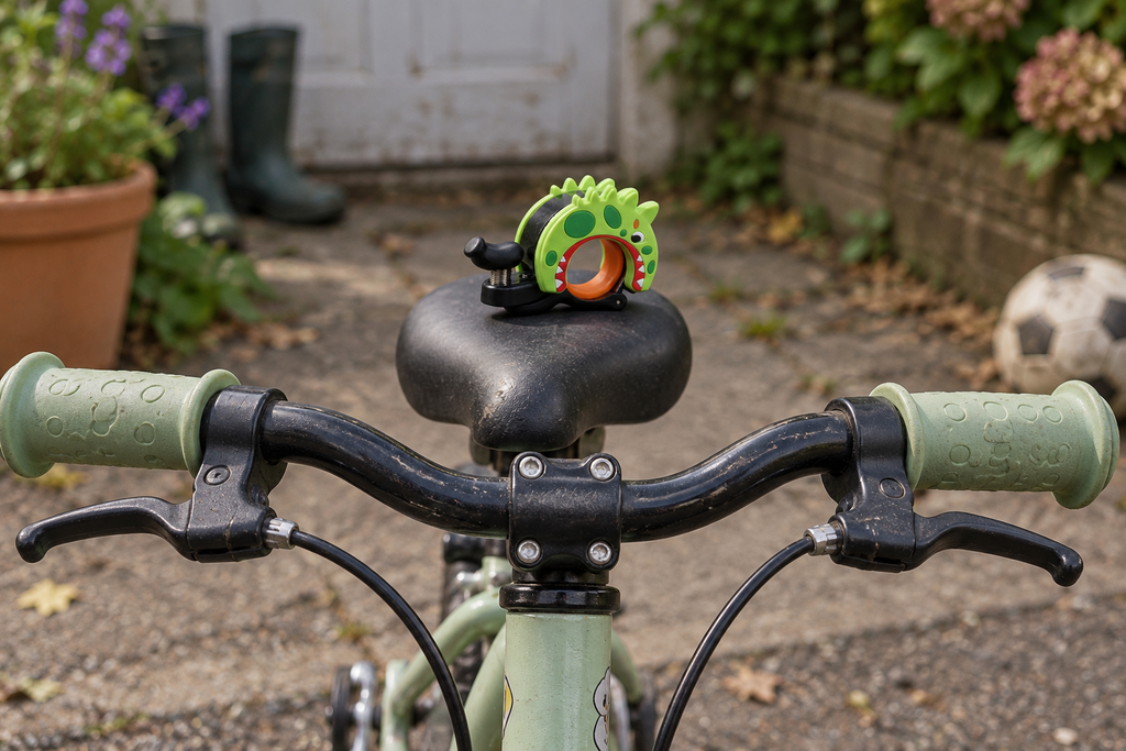 Fahrradklingel für Kinder – auf einem Fahrradsattel im Garten