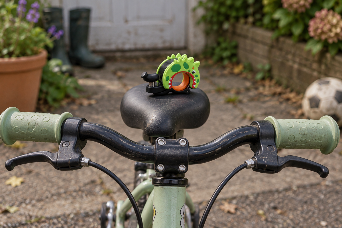Fahrradklingel für Kinder – auf einem Fahrradsattel im Garten