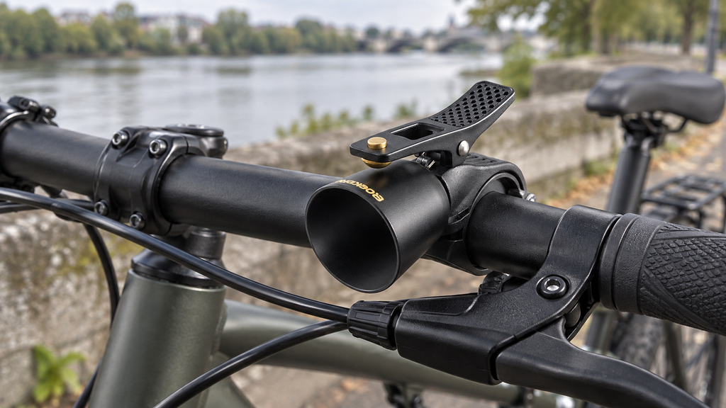 Fahrradklingel mit Hebel – am Lenker neben dem Bremshebel am Fluss