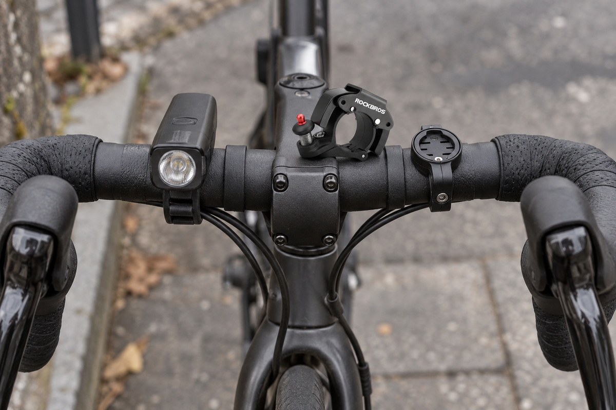 Fahrradklingel Schwarz – lose zwischen Lampe und Computerhalterung auf einem Rennradlenker