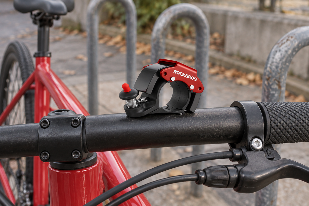 Fahrradklingel Schwarz/Rot – lose auf dem Lenker eines roten Fahrrads