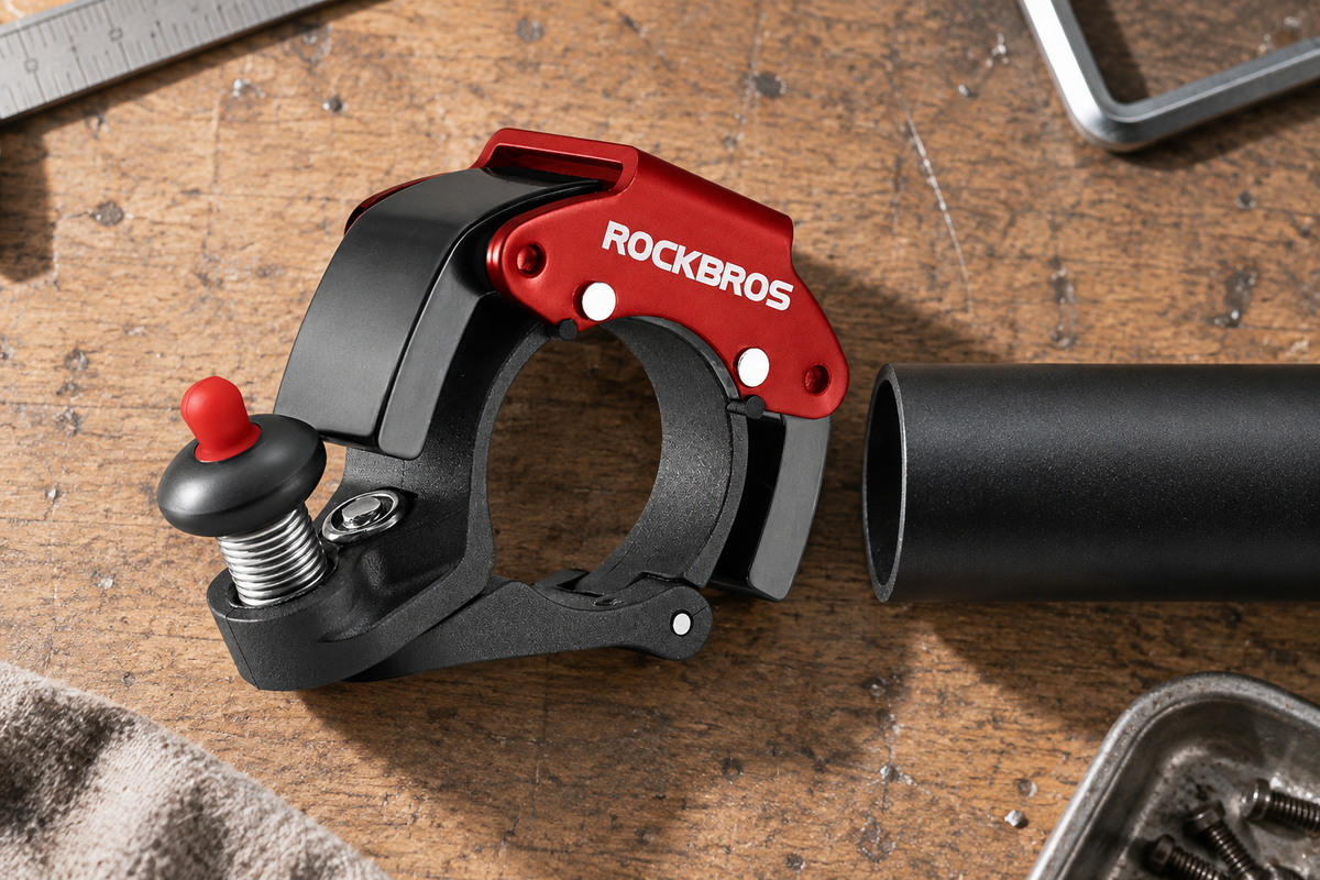 Fahrradklingel Schwarz/Rot – mit offenem Klemmbügel neben einem Lenkerrohr auf einer Werkbank