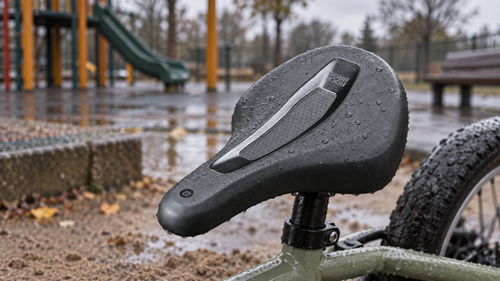 Kindersattel – am abgestellten Fahrrad nach dem Regen