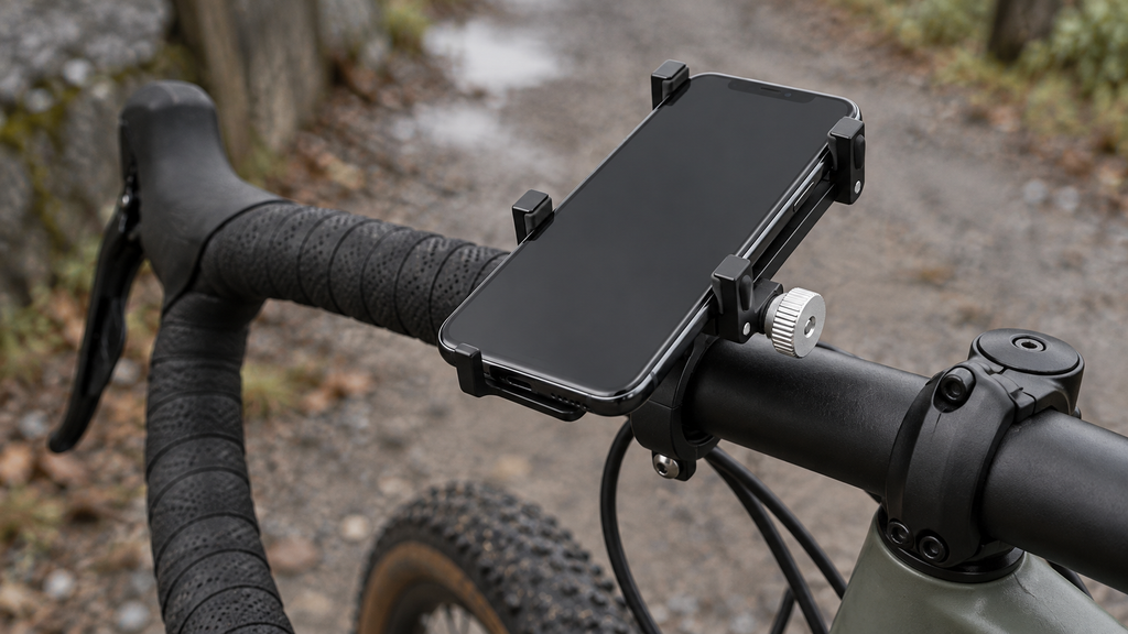 Handyhalter mit fünf Klauen – mit Smartphone am Lenker eines Fahrrads