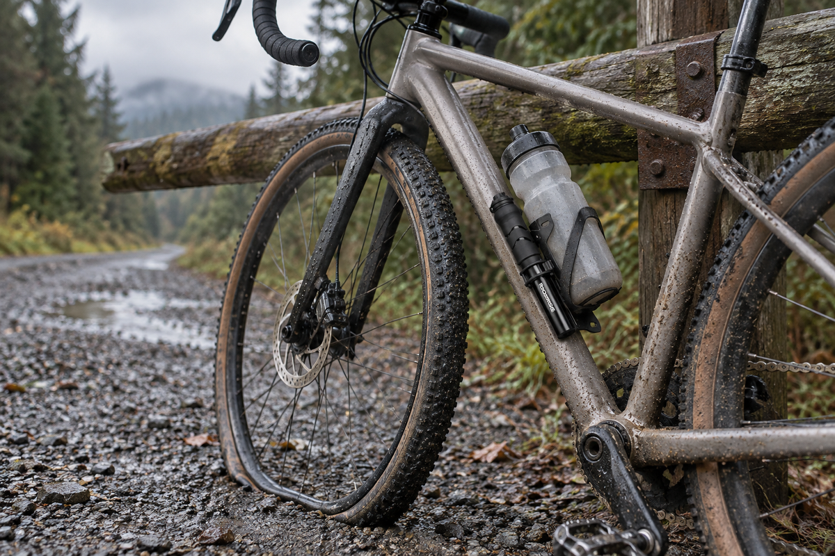 Fahrradpumpe 100 PSI – am Fahrradrahmen neben einer Holzbrüstung
