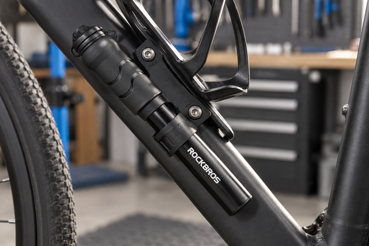Fahrradpumpe 100 PSI – in der Halterung am Unterrohr
