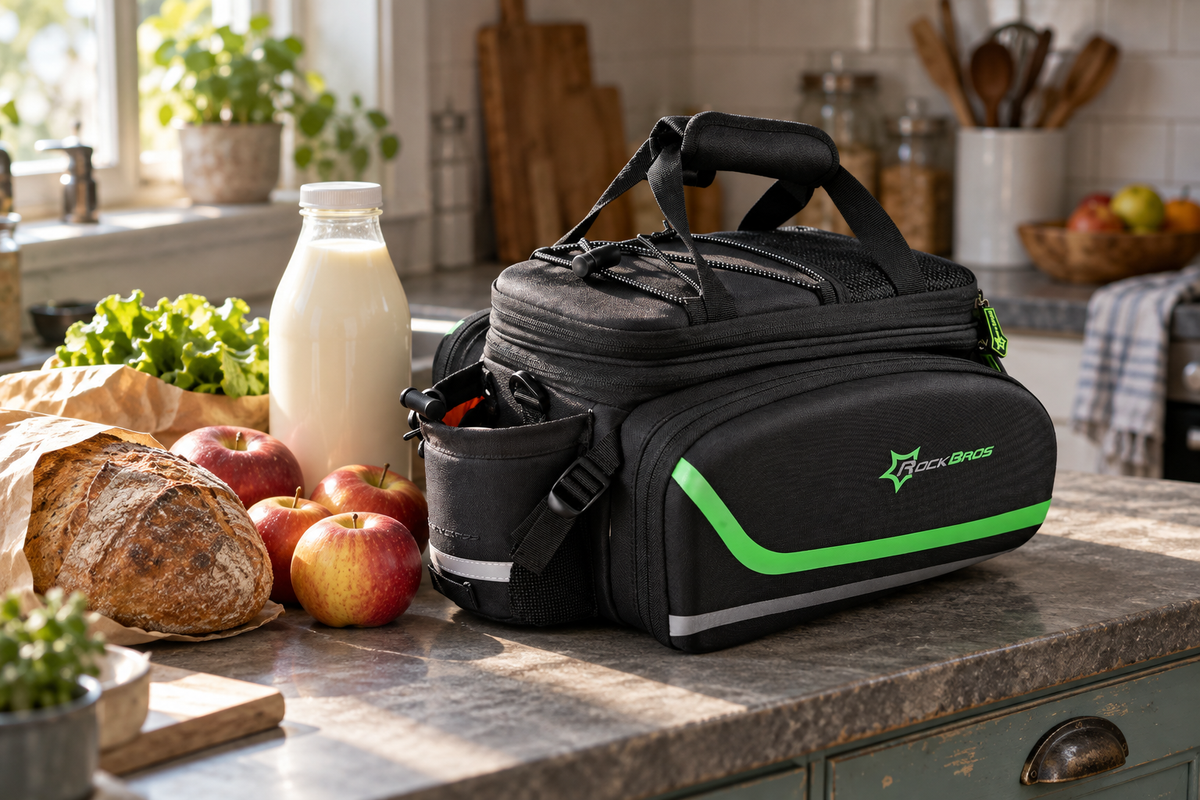 Gepäckträgertasche – neben Lebensmitteln auf der Küchenarbeitsplatte